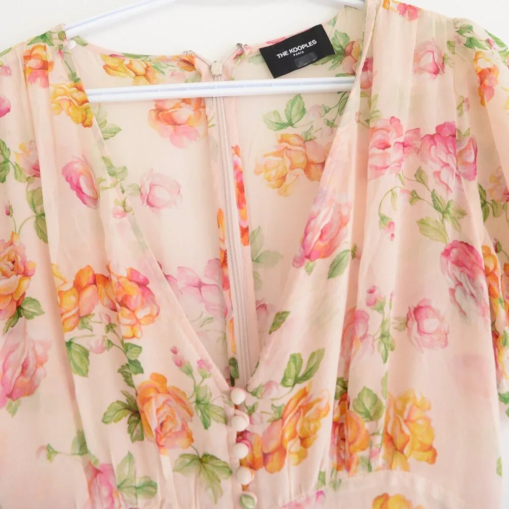 Kooples Antique Pink Floral 100% Silk Puff Sleeve Button Down Slip Midi Dress - Picture 7 of 14